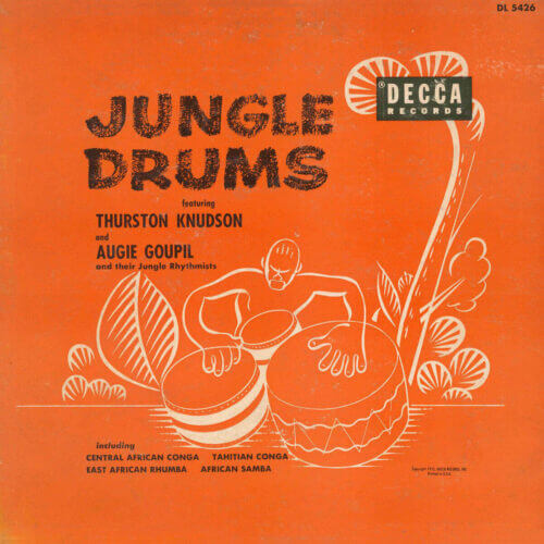 Cover of the 1952 album Jungle Drums shows a line illustration of a percussionist over a solid orange background