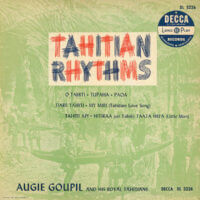 The illustrated cover of the 1950 album "Tahitian Rhythms" shows the title text in a stylized, rough brush script font and a green monotone graphic in the background of an old Tahitian scene
