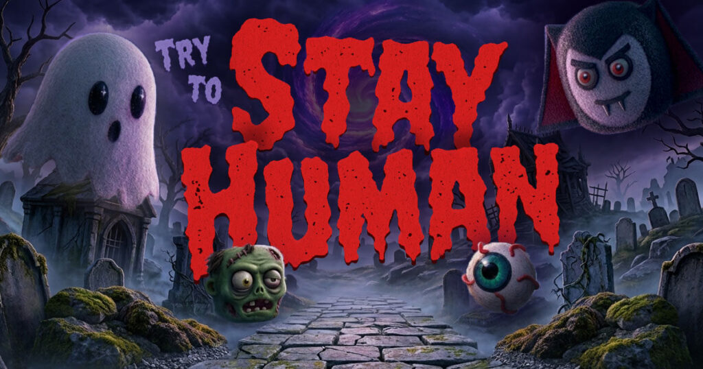 A spooky, but fun graveyard scene with giant monsters floating around and large text that reads "STAY HUMAN"